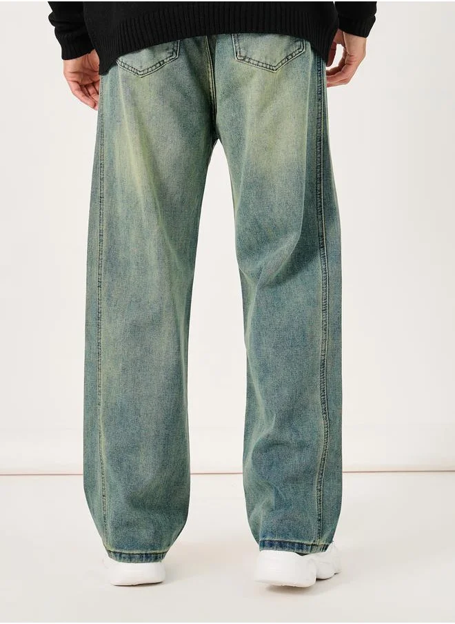 Styli Mid Wash Loose Fit Jeans with Panel Detail