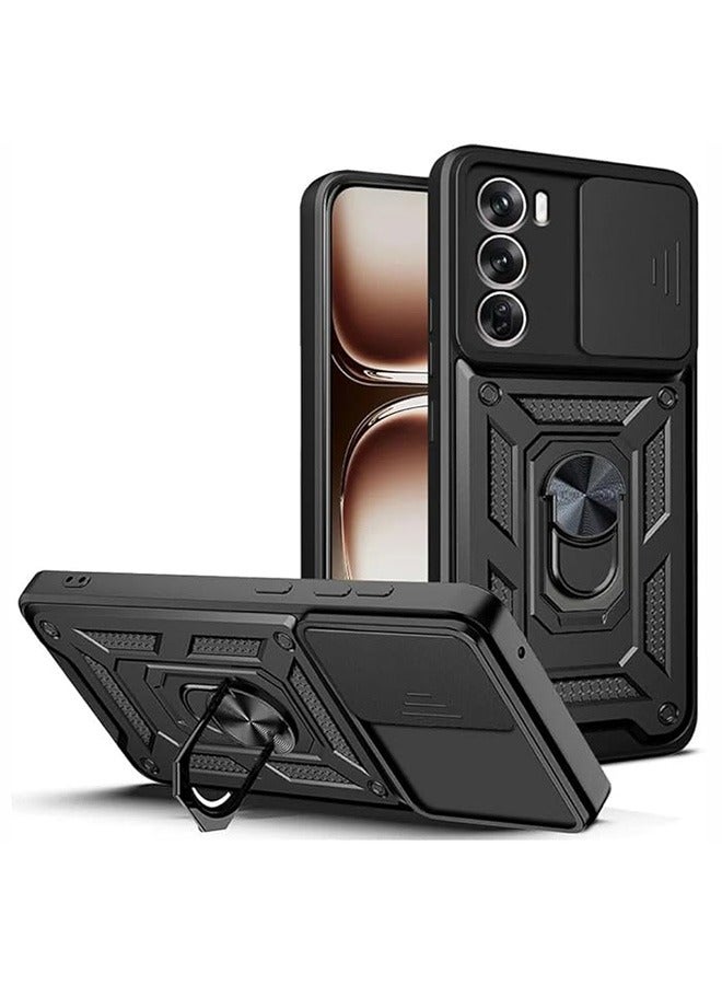 حالة الهاتف المحمول متوافق مع أوبو رينو 12 برو 5G ، رقيقة جدا واقية من الصدمات ، مع انزلاق الكاميرا كم واقية المغناطيسي حامل الخاتم ، PC + تبو دائم كم واقية ( أسود ) - Image 1