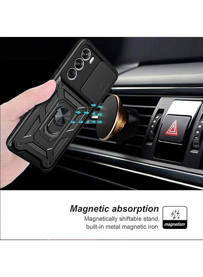 حالة الهاتف المحمول متوافق مع أوبو رينو 12 برو 5G ، رقيقة جدا واقية من الصدمات ، مع انزلاق الكاميرا كم واقية المغناطيسي حامل الخاتم ، PC + تبو دائم كم واقية ( أسود ) - Image 2