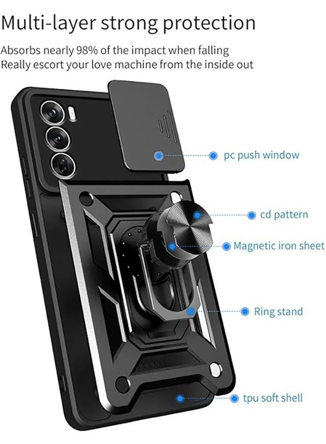 حالة الهاتف المحمول متوافق مع أوبو رينو 12 برو 5G ، رقيقة جدا واقية من الصدمات ، مع انزلاق الكاميرا كم واقية المغناطيسي حامل الخاتم ، PC + تبو دائم كم واقية ( أسود ) - Image 4