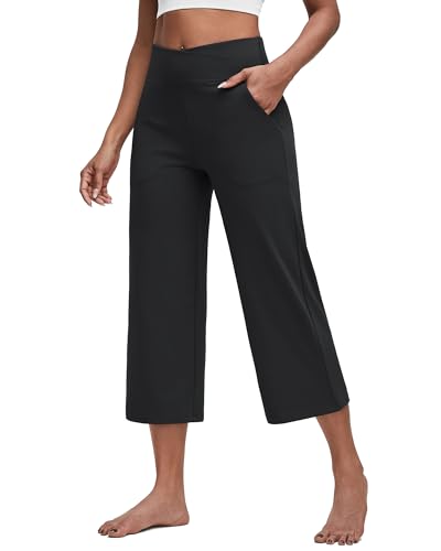 G4Free Capri Pants for Women Wide Leg Yoga Crop Pants with Pockets Cross Waist Stretch Dress Capris for Casual Workout(Black,M,23") - Image 1