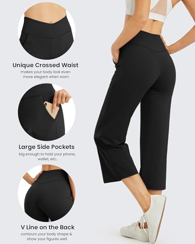 G4Free Capri Pants for Women Wide Leg Yoga Crop Pants with Pockets Cross Waist Stretch Dress Capris for Casual Workout(Black,M,23") - Image 5