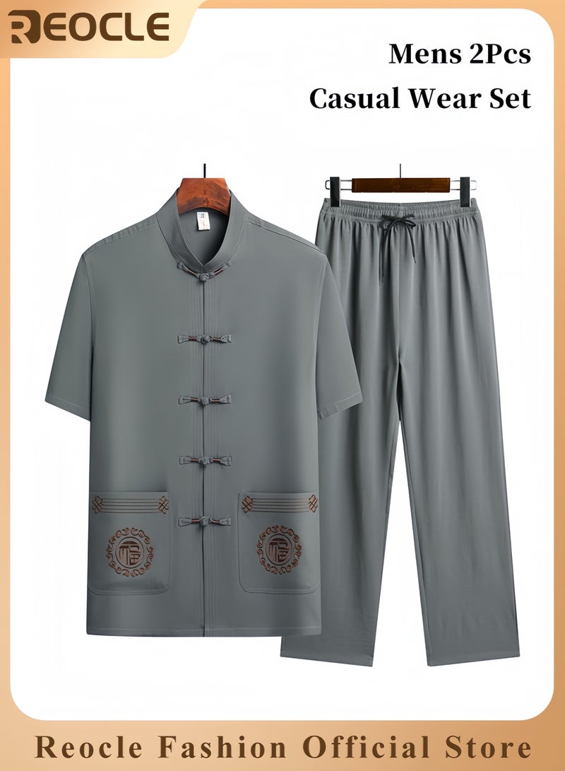 REOCLE Mens 2PCS Set Sophisticated Casual Wear Set Chinese Embroidery Kungfu Suit Set Men Summer Short Sleeves Cotton and Linen Shirts and Pants - Image 1