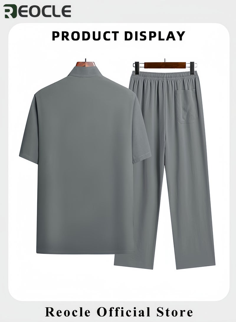 REOCLE Mens 2PCS Set Sophisticated Casual Wear Set Chinese Embroidery Kungfu Suit Set Men Summer Short Sleeves Cotton and Linen Shirts and Pants - Image 2