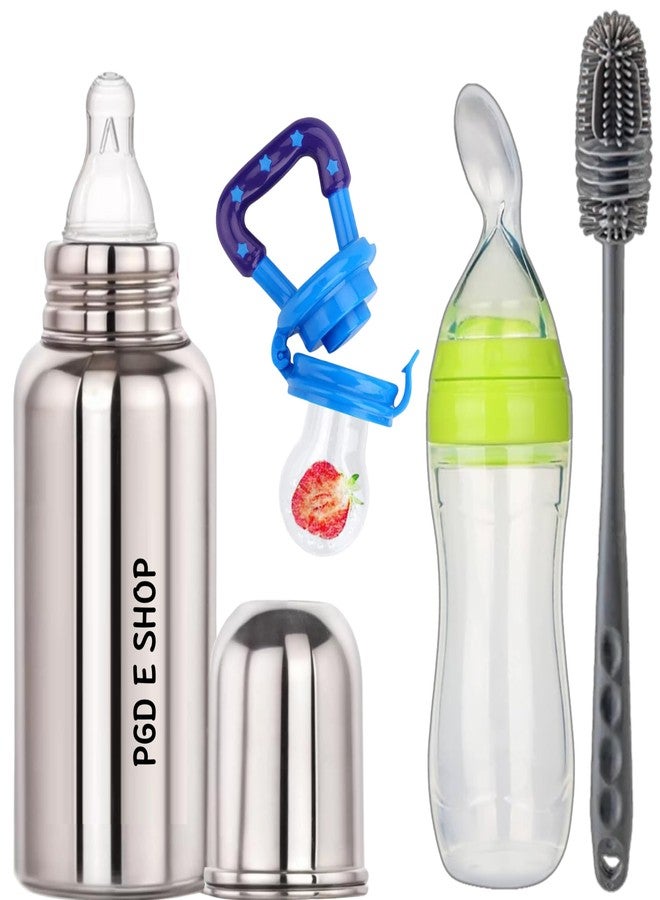PGD Baby comprehensive feeding combo set Premium Steel Feeding Bottle, Silicone Baby Food Fruit Feeder Nibbler 10ml & Food Feeder Spoon 90ml with Long Handle Cleaning Brush (220ml Comprehensive Feeding Combo Set) - Image 1