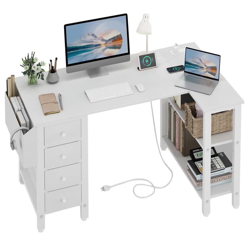Lufeiya White L Shaped Computer Desk with Drawers  Storage Shelves 47 Inch Corner Reversible Desk with Power Outlet for Home Office Bedroom LShaped Teen PC Desks with Fabric Drawer White