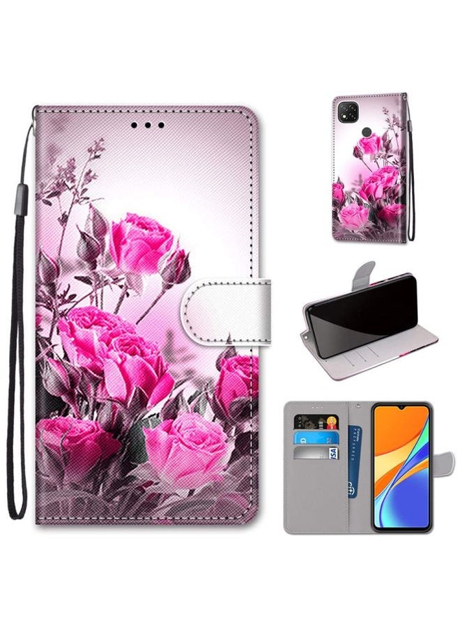 HuHa Case Cover For Xiaomi Redmi 9C Coloured Drawing Cross Texture Horizontal Flip PU Leather Case with Holder & Card Slots & Wallet & Lanyard Wild Rose 