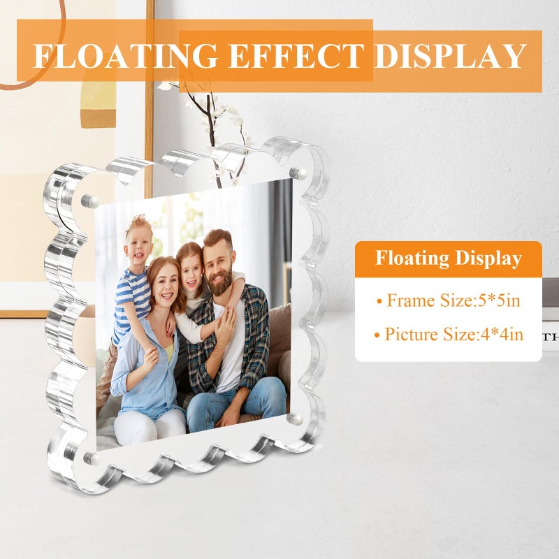 Chivalral Clear Picture Frames 3Pack - Acrylic Magnetic Photo Frame 4Ã—4 Inch, Double Sided Magnet Frames with Scalloped Edges, 10+10mm Thick Freestanding Gift for Office/Home(Clear, 4x4) - Image 2