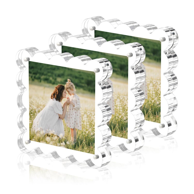 Chivalral Clear Picture Frames 3Pack - Acrylic Magnetic Photo Frame 4Ã—4 Inch, Double Sided Magnet Frames with Scalloped Edges, 10+10mm Thick Freestanding Gift for Office/Home(Clear, 4x4) - Image 1
