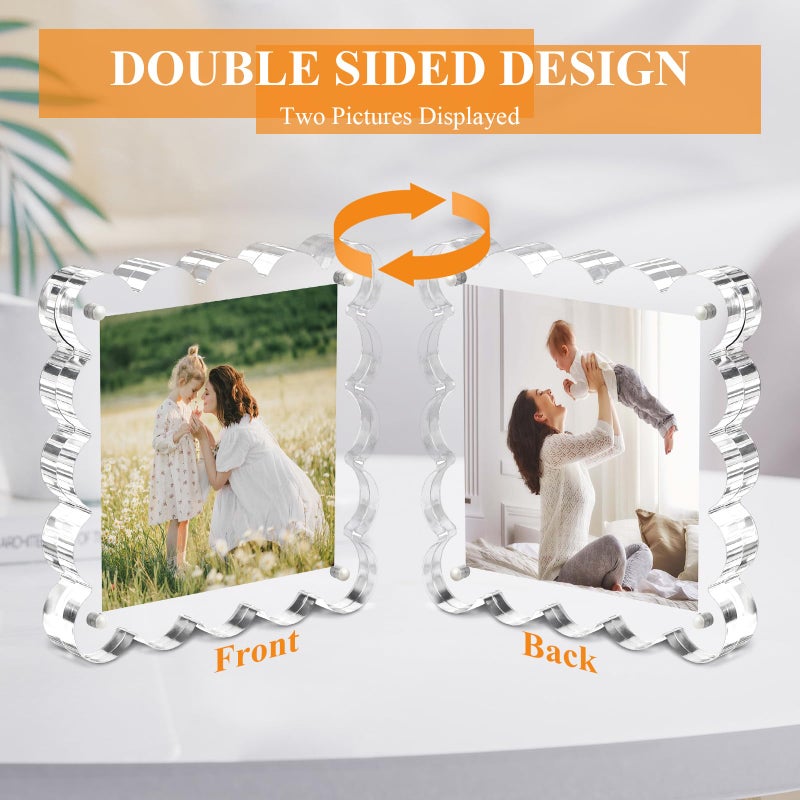 Chivalral Clear Picture Frames 3Pack - Acrylic Magnetic Photo Frame 4Ã—4 Inch, Double Sided Magnet Frames with Scalloped Edges, 10+10mm Thick Freestanding Gift for Office/Home(Clear, 4x4) - Image 3