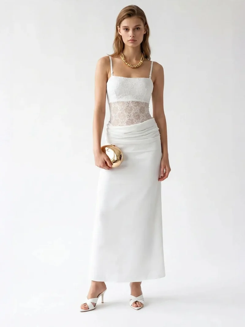 ميكسراي MIXRAY Sleeveless Satin Maxi Dress With Square Neckline
