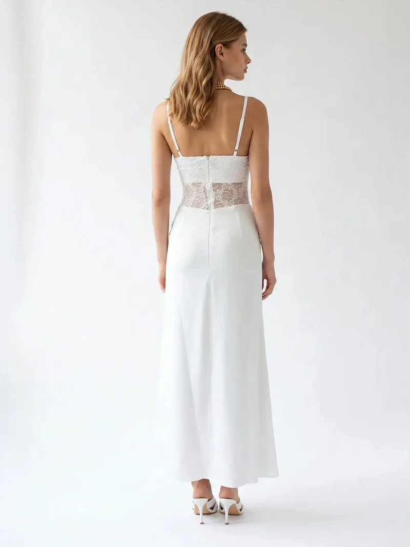 Mixray White MIXRAY Sleeveless Satin Maxi Dress With Square Neckline for Women | Best Price UAE