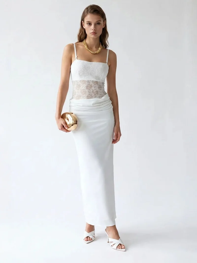 Mixray White MIXRAY Sleeveless Satin Maxi Dress With Square Neckline for Women | Best Price UAE