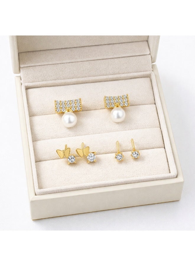 MTZ 3 Pairs Cubic Zirconia Stud Earrings Set for Women, Hypoallergenic Gold Plated Crystal Earrings, Dainty CZ Diamond Studs in Various Sizes, Sensitive Ear Friendly Jewelry Gift Box - Image 3