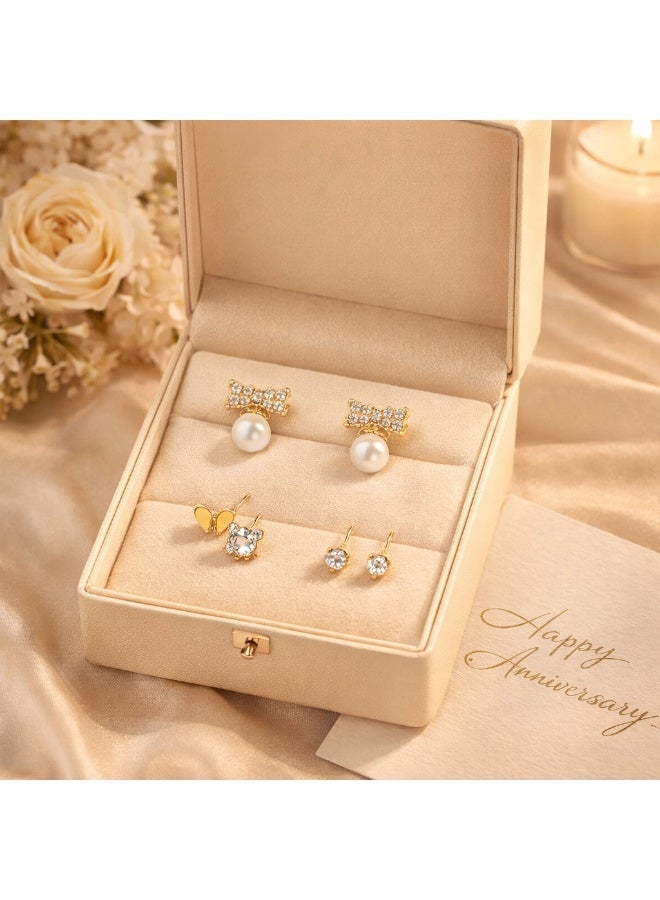 MTZ 3 Pairs Cubic Zirconia Stud Earrings Set for Women, Hypoallergenic Gold Plated Crystal Earrings, Dainty CZ Diamond Studs in Various Sizes, Sensitive Ear Friendly Jewelry Gift Box - Image 2