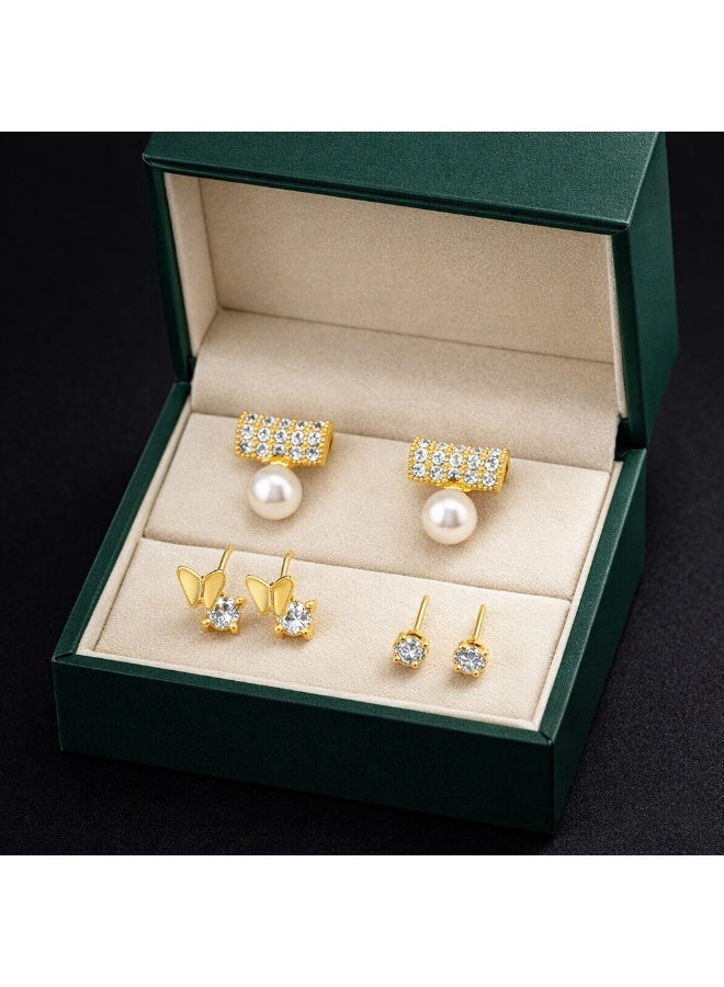 MTZ 3 Pairs Cubic Zirconia Stud Earrings Set for Women, Hypoallergenic Gold Plated Crystal Earrings, Dainty CZ Diamond Studs in Various Sizes, Sensitive Ear Friendly Jewelry Gift Box - Image 4