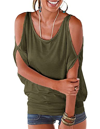 Miselon Women's Cold Shoulder Tops Casual Scoop Neck Short Sleeve St Patrick's Day T-Shirts(Army Green, L) - Image 3