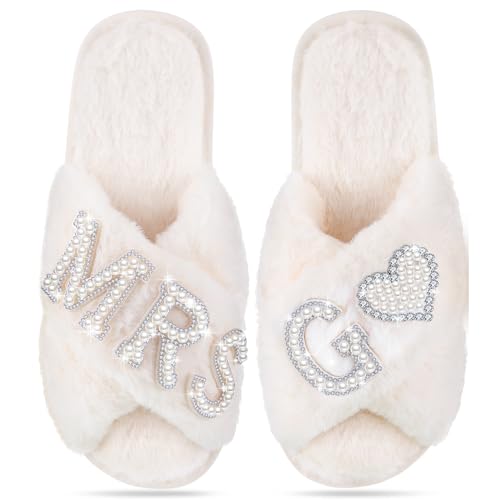 Tarpop Bride Slippers Mrs Slipper for Wedding with Personalized Initial Pearl Design Bridal Gifts(7-8,G) - Image 1