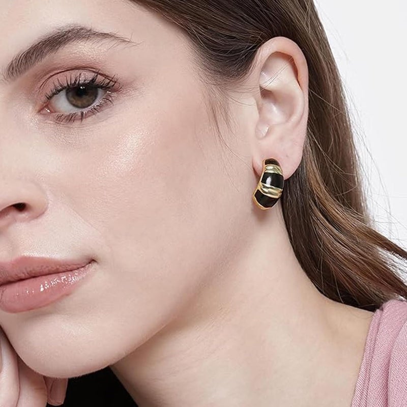 Estele 24Kt Gold Plated Fashion Black Metal Enamel Brass Stud Earrings For Women - Image 3