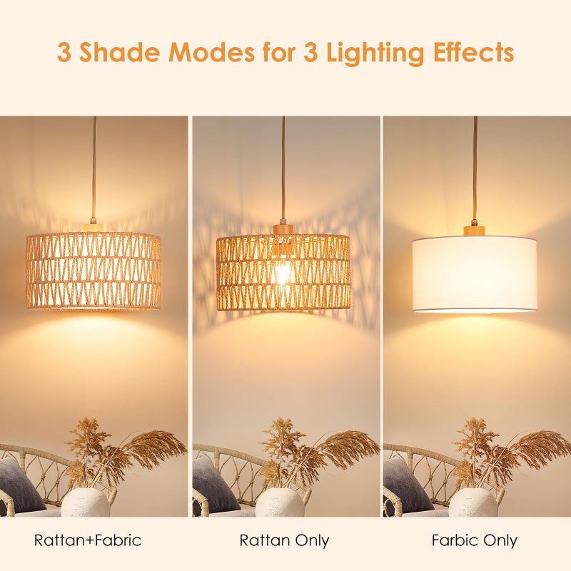 Qingmiao Plug in Pendant Light Rattan Hanging Lamp, Boho Hanging Lights with Paper Woven & Fabric 2 in 1 Shade, 3-Way Dimmable Bulb Included, Ceiling Light Fixture for Living Room, Bedroom, Kitchen, Home Decor - Image 4