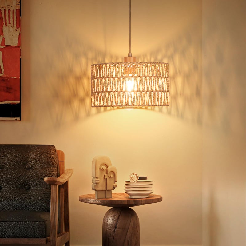 Qingmiao Plug in Pendant Light Rattan Hanging Lamp, Boho Hanging Lights with Paper Woven & Fabric 2 in 1 Shade, 3-Way Dimmable Bulb Included, Ceiling Light Fixture for Living Room, Bedroom, Kitchen, Home Decor - Image 2