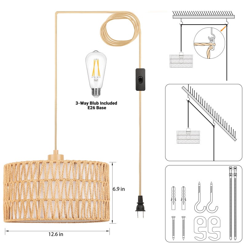 Qingmiao Plug in Pendant Light Rattan Hanging Lamp, Boho Hanging Lights with Paper Woven & Fabric 2 in 1 Shade, 3-Way Dimmable Bulb Included, Ceiling Light Fixture for Living Room, Bedroom, Kitchen, Home Decor - Image 5