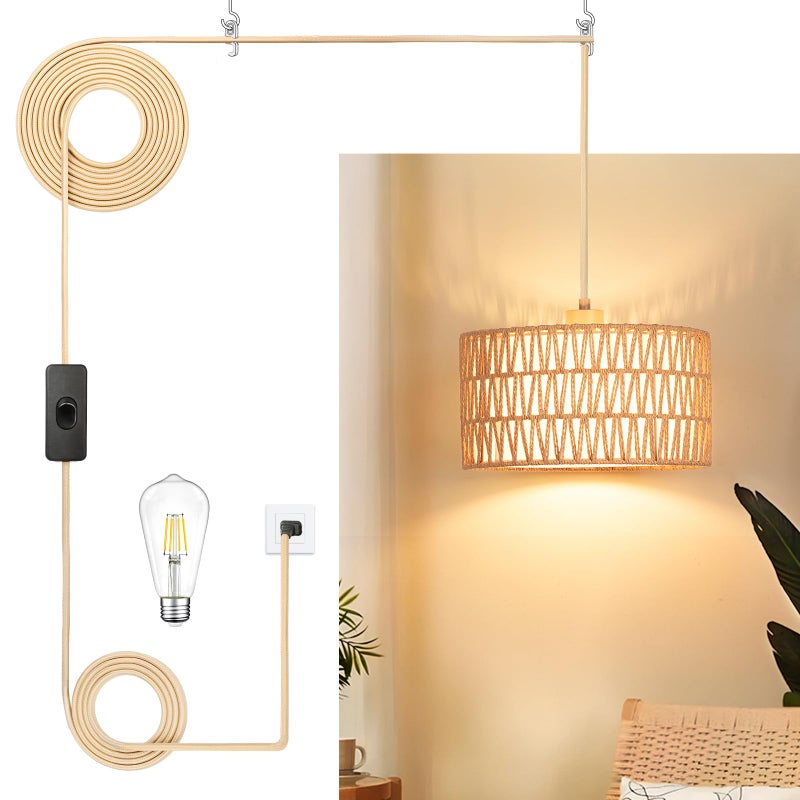 Qingmiao Plug in Pendant Light Rattan Hanging Lamp, Boho Hanging Lights with Paper Woven & Fabric 2 in 1 Shade, 3-Way Dimmable Bulb Included, Ceiling Light Fixture for Living Room, Bedroom, Kitchen, Home Decor - Image 1