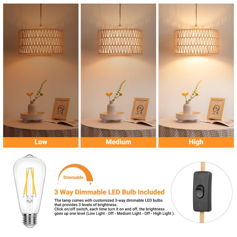 Qingmiao Plug in Pendant Light Rattan Hanging Lamp, Boho Hanging Lights with Paper Woven & Fabric 2 in 1 Shade, 3-Way Dimmable Bulb Included, Ceiling Light Fixture for Living Room, Bedroom, Kitchen, Home Decor - Image 3