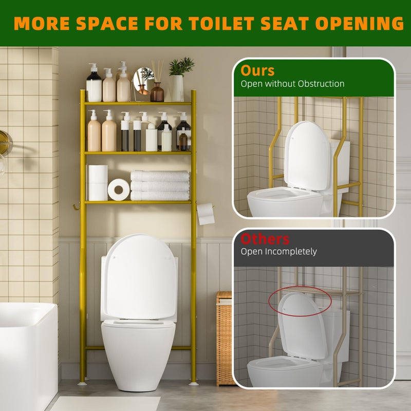 GloTika 3-Tier Over Toilet Storage with Anti-Tilt Safety System - 150lb Total Capacity Metal Bathroom Shelves Including Paper Holder & 4 Hooks, Space Saving Above Commode Organizer (64" H, Gold) - Image 5