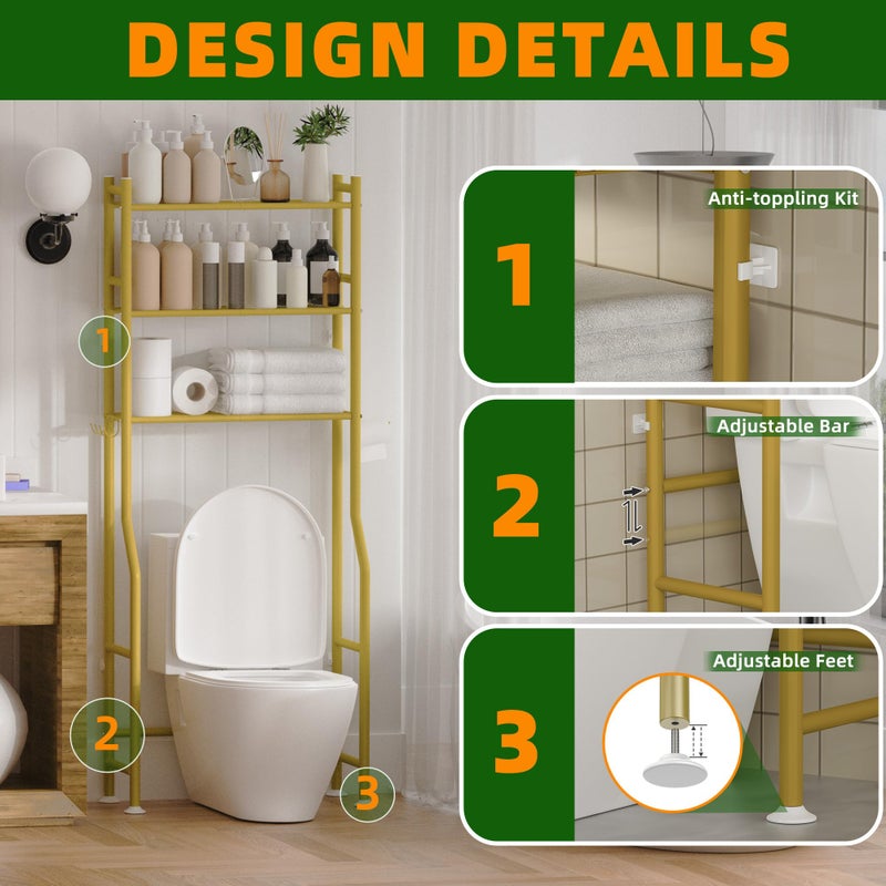 GloTika 3-Tier Over Toilet Storage with Anti-Tilt Safety System - 150lb Total Capacity Metal Bathroom Shelves Including Paper Holder & 4 Hooks, Space Saving Above Commode Organizer (64" H, Gold) - Image 4