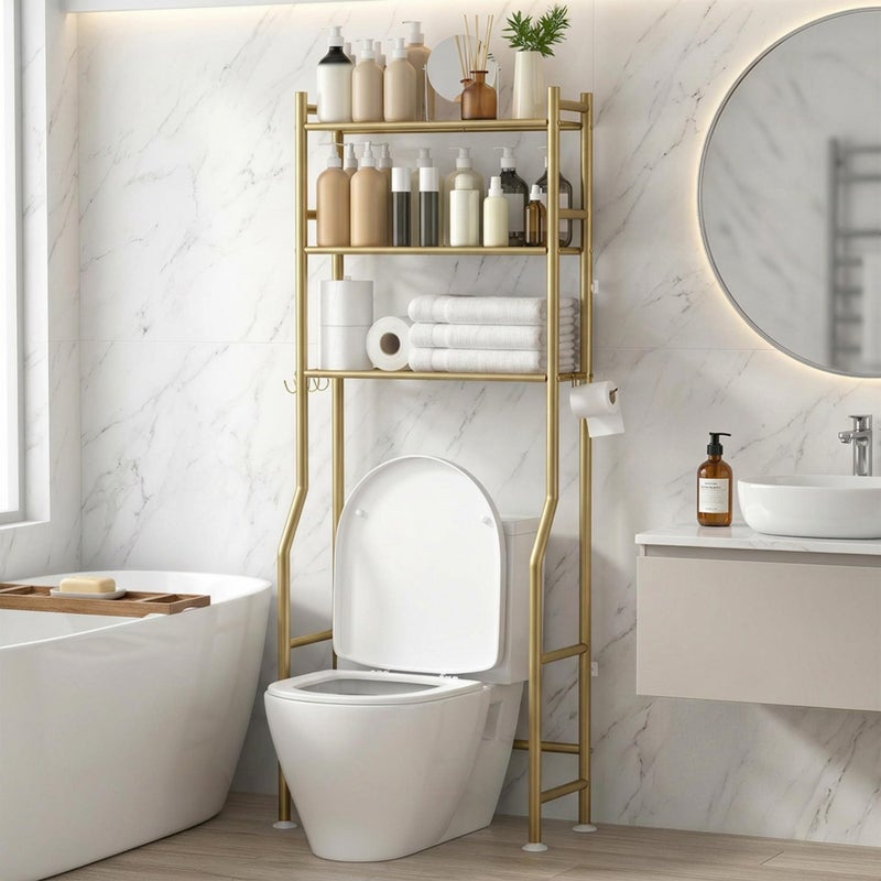 GloTika 3-Tier Over Toilet Storage with Anti-Tilt Safety System - 150lb Total Capacity Metal Bathroom Shelves Including Paper Holder & 4 Hooks, Space Saving Above Commode Organizer (64" H, Gold) - Image 1