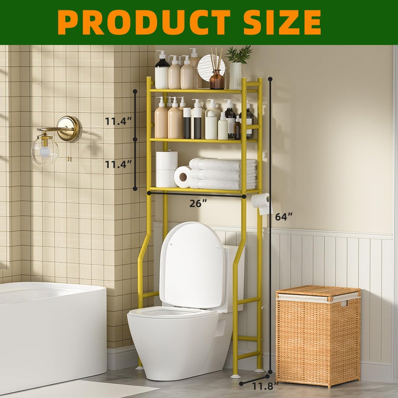 GloTika 3-Tier Over Toilet Storage with Anti-Tilt Safety System - 150lb Total Capacity Metal Bathroom Shelves Including Paper Holder & 4 Hooks, Space Saving Above Commode Organizer (64" H, Gold) - Image 2