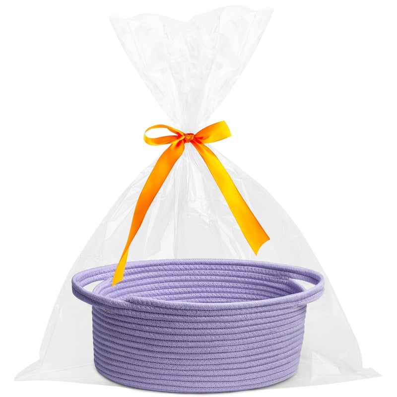 Pro Goleem Small Woven Basket with Gift Bags and Ribbons Durable Baskets for Gifts Empty Small Rope Basket for Storage 12X 8 X 5 Baby Toy Basket with Handles purple - Image 1