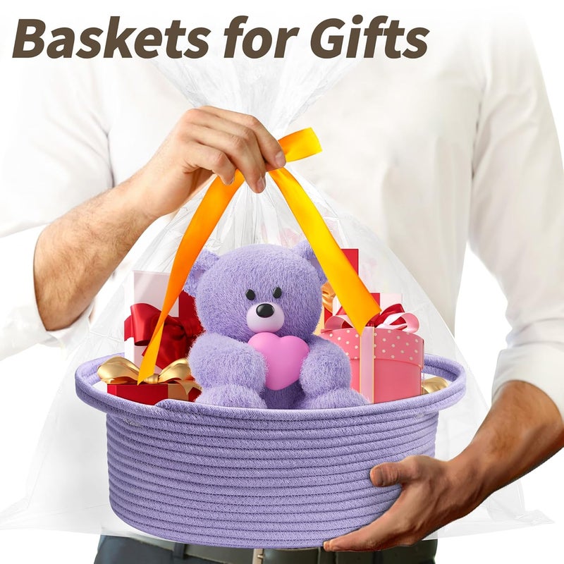 Pro Goleem Small Woven Basket with Gift Bags and Ribbons Durable Baskets for Gifts Empty Small Rope Basket for Storage 12X 8 X 5 Baby Toy Basket with Handles purple - Image 3