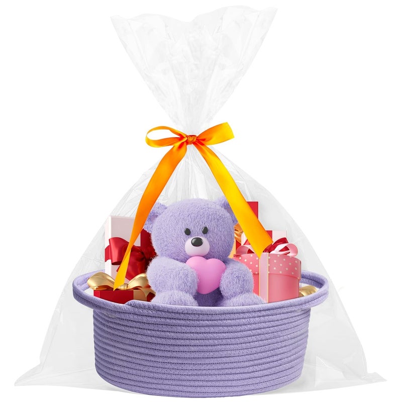 Pro Goleem Small Woven Basket with Gift Bags and Ribbons Durable Baskets for Gifts Empty Small Rope Basket for Storage 12X 8 X 5 Baby Toy Basket with Handles purple - Image 4