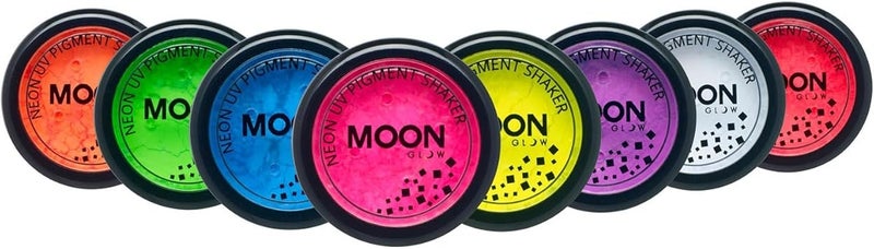 Moon Glow Neon UV Pigment Shakers by Moon Glow Set of 8 colours Cosmetic Bright Neon Powder Eye Shadow Makeup for Face Eyes Body - Image 1