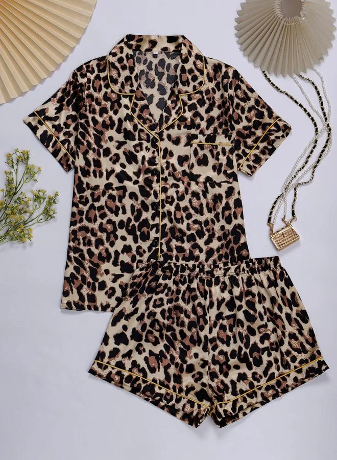 تايك تو Multi-Color Leopard Print Shirt and Shorts Pajama Set
