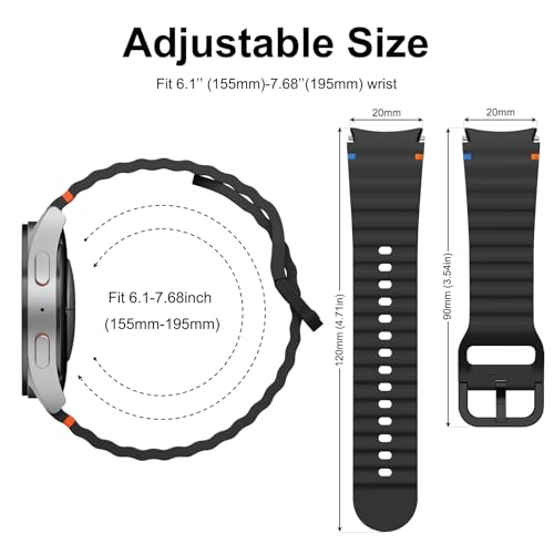 Tobfit Silicone Bands for Samsung Galaxy Watch 7 Strap 40mm 44mm Women Men, 20mm Adjustable Sports Replacement Strap for Galaxy Watch 7/FE/6/6 Classic/5/5 Pro/4/4 Classic - Black - Image 5