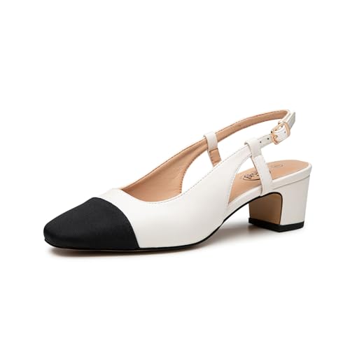 Trary Women's Chunky Slingback Pumps Comfortable Low Block Heels Splicing Square Toe Slip On Pumps Shoes for Office Work Wedding Size 6.5 White - Image 1