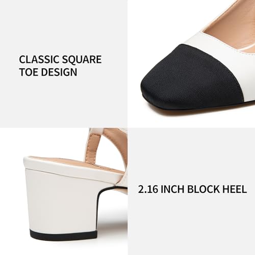 Trary Women's Chunky Slingback Pumps Comfortable Low Block Heels Splicing Square Toe Slip On Pumps Shoes for Office Work Wedding Size 6.5 White - Image 3