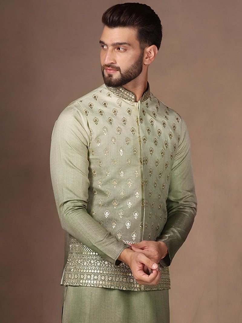 KISAH Men's Nehru Jacket, Green Silk Blend, Embellished Regular Fit Mandarin Collar Sleeveless (L) - Image 3