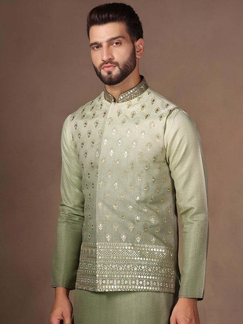 KISAH Men's Nehru Jacket, Green Silk Blend, Embellished Regular Fit Mandarin Collar Sleeveless (L) - Image 4