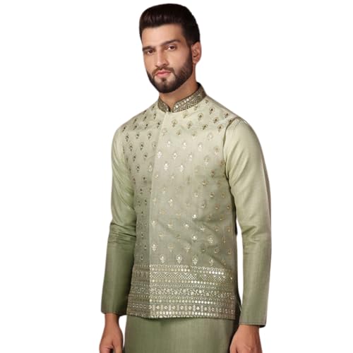 KISAH Men's Nehru Jacket, Green Silk Blend, Embellished Regular Fit Mandarin Collar Sleeveless (L) - Image 1