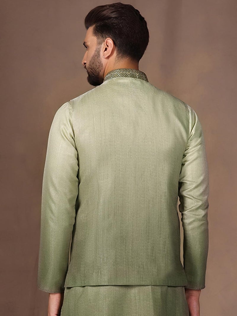 KISAH Men's Nehru Jacket, Green Silk Blend, Embellished Regular Fit Mandarin Collar Sleeveless (L) - Image 5