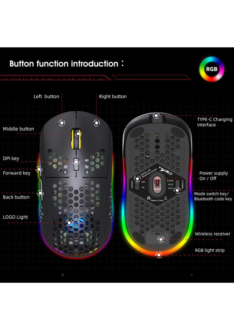ماوس ألعاب بلوتوث لاسلكي Rgb ماوس إضاءة مع ستة DPI قابل للتعديل لأجهزة الكمبيوتر المحمول المكتبية أسود