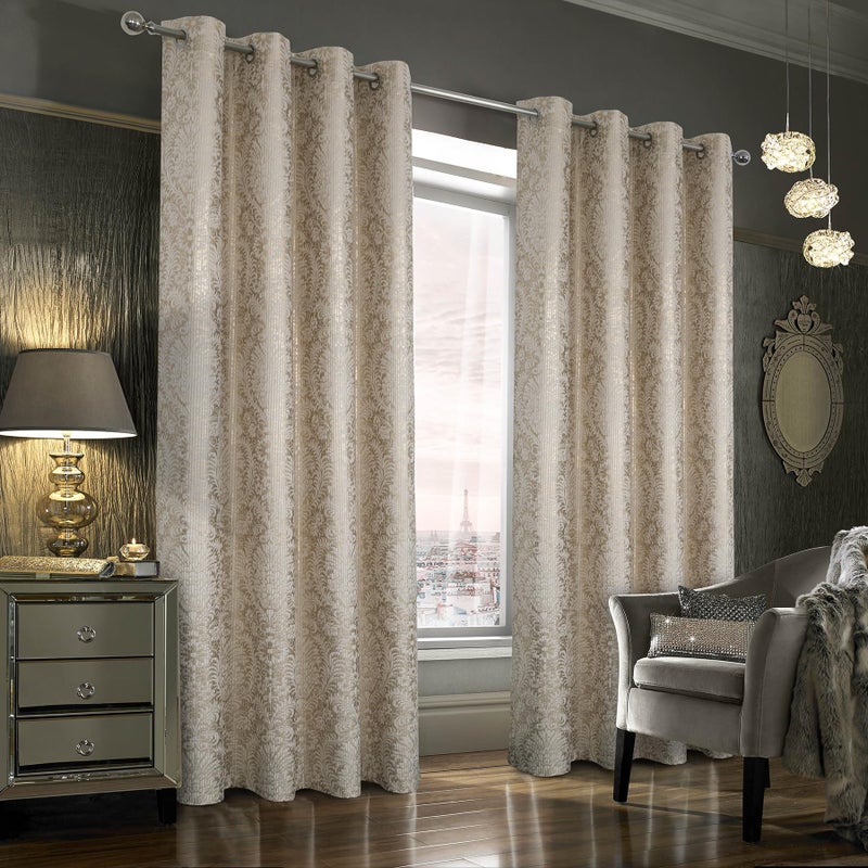 always4u 100% Blackout Damask Foil Print Natural and Gold Ridged Velvet Curtains 108 Inches Long Drapes 2 Panels Shiny Metallic Window 54 * 108 Inches - Image 1