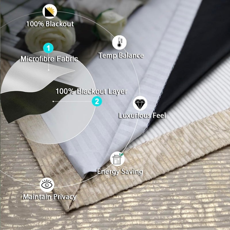 always4u 100% Blackout Damask Foil Print Natural and Gold Ridged Velvet Curtains 108 Inches Long Drapes 2 Panels Shiny Metallic Window 54 * 108 Inches - Image 5