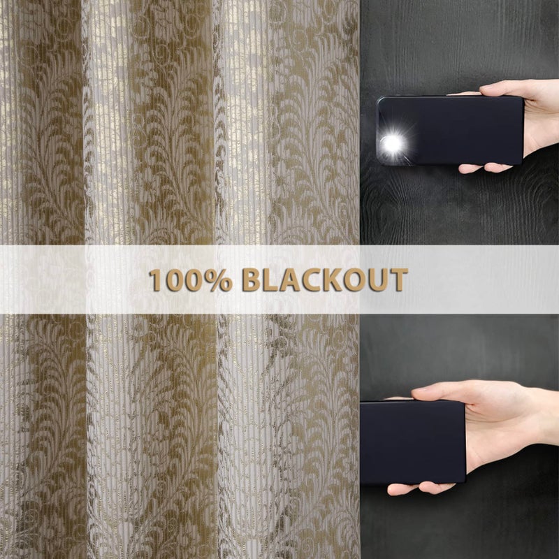 always4u 100% Blackout Damask Foil Print Natural and Gold Ridged Velvet Curtains 108 Inches Long Drapes 2 Panels Shiny Metallic Window 54 * 108 Inches - Image 4