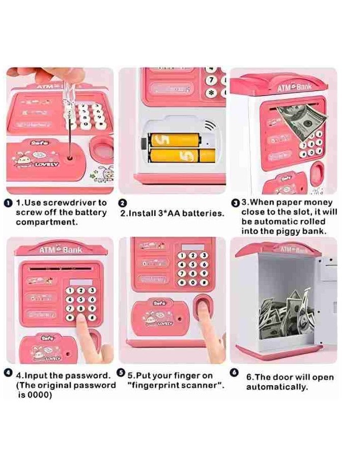 Rokis Electronic Piggy Bank - Mini ATM with Fingerprint u0026 Password Money Bank Cash Coins Saving Box for Kids, Automatic Paper Money Scroll Saving Box, Perfect Toy Gifts for Boys Girls (Pink) - Image 3