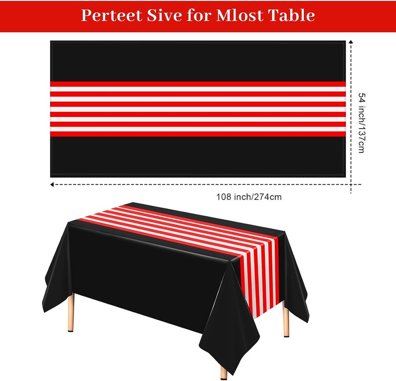 Oudain 6 Pcs Striped Tablecloth 108 x 54 Inch Rectangle Table Cover Disposable Plastic Table Cloth Waterproof Tablecloth Plastic Table Cover for Birthday Wedding Bridal (Red White Black) - Image 2